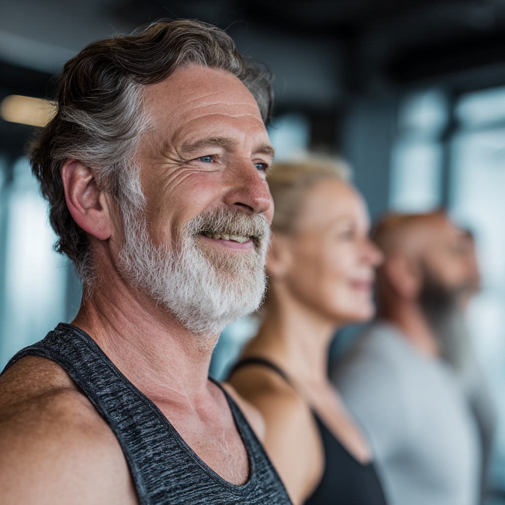 Group of mature adults exercising together in modern fitness facility