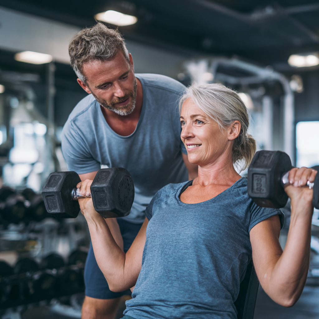 Middle-aged person doing strength training with professional guidance