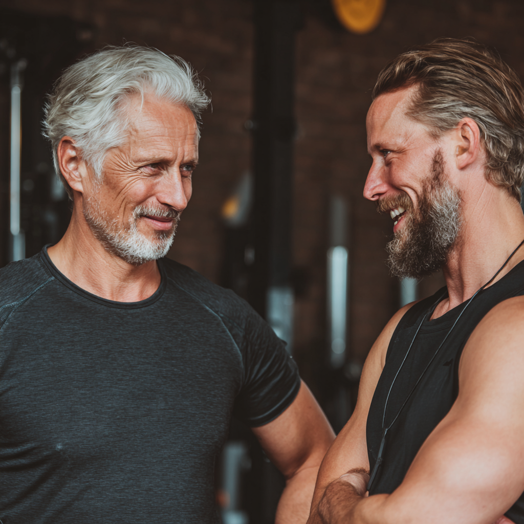 Professional fitness consultation session with mature client and trainer